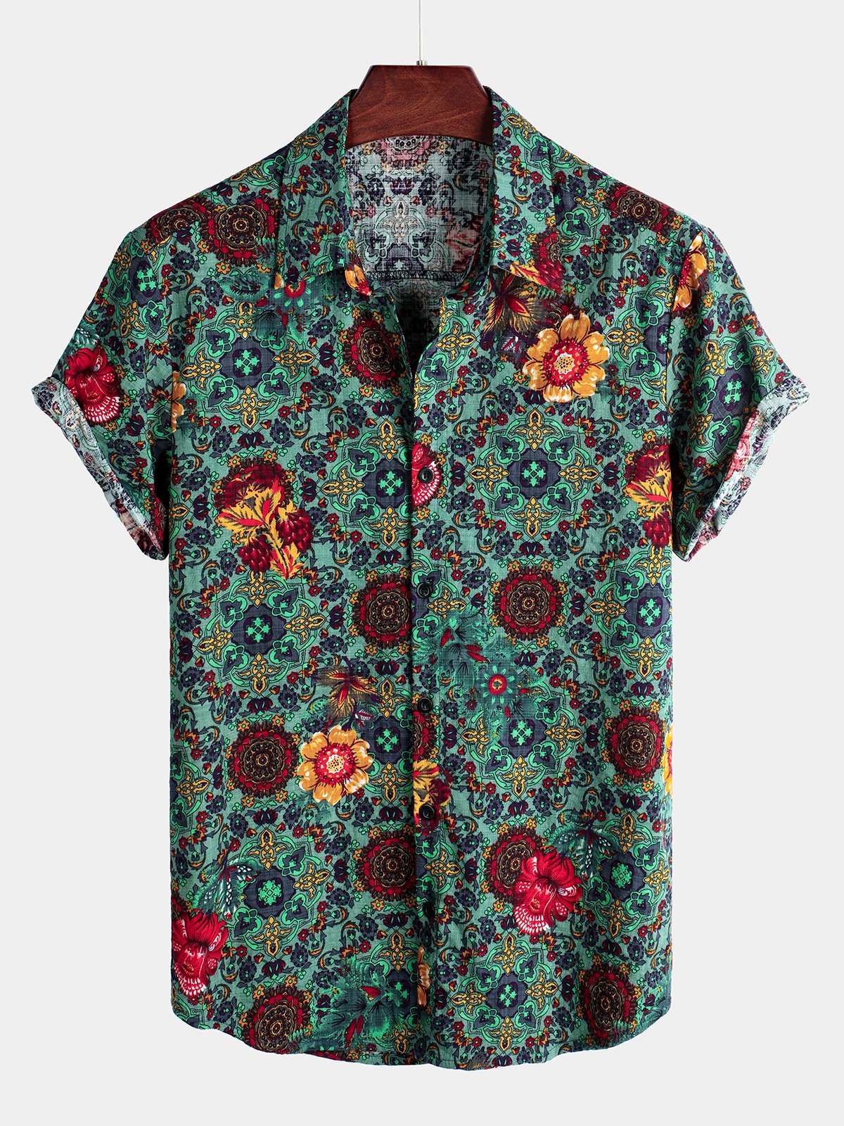 Men's Vintage Floral Print Hawaiian Cotton Short Sleeve Shirt