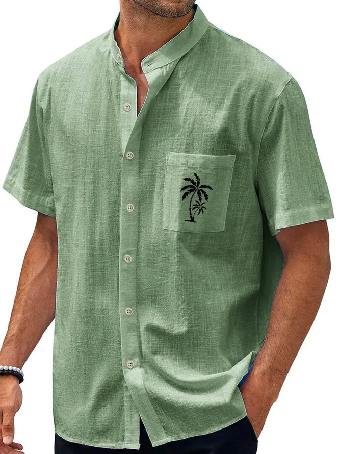 Hawaiian Stand Collar Pocket Palm Coconut Tree Casual Short Sleeve Shirt