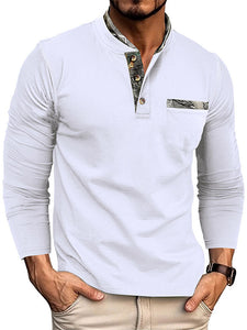 Men's Double Collar Patchwork Stand Collar Cotton Long Sleeve Henley Shirt