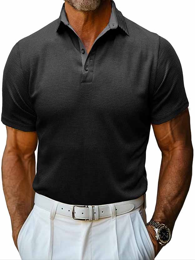 Men's Lapel Spliced Waffle Fabric Short Sleeve POLO Shirt