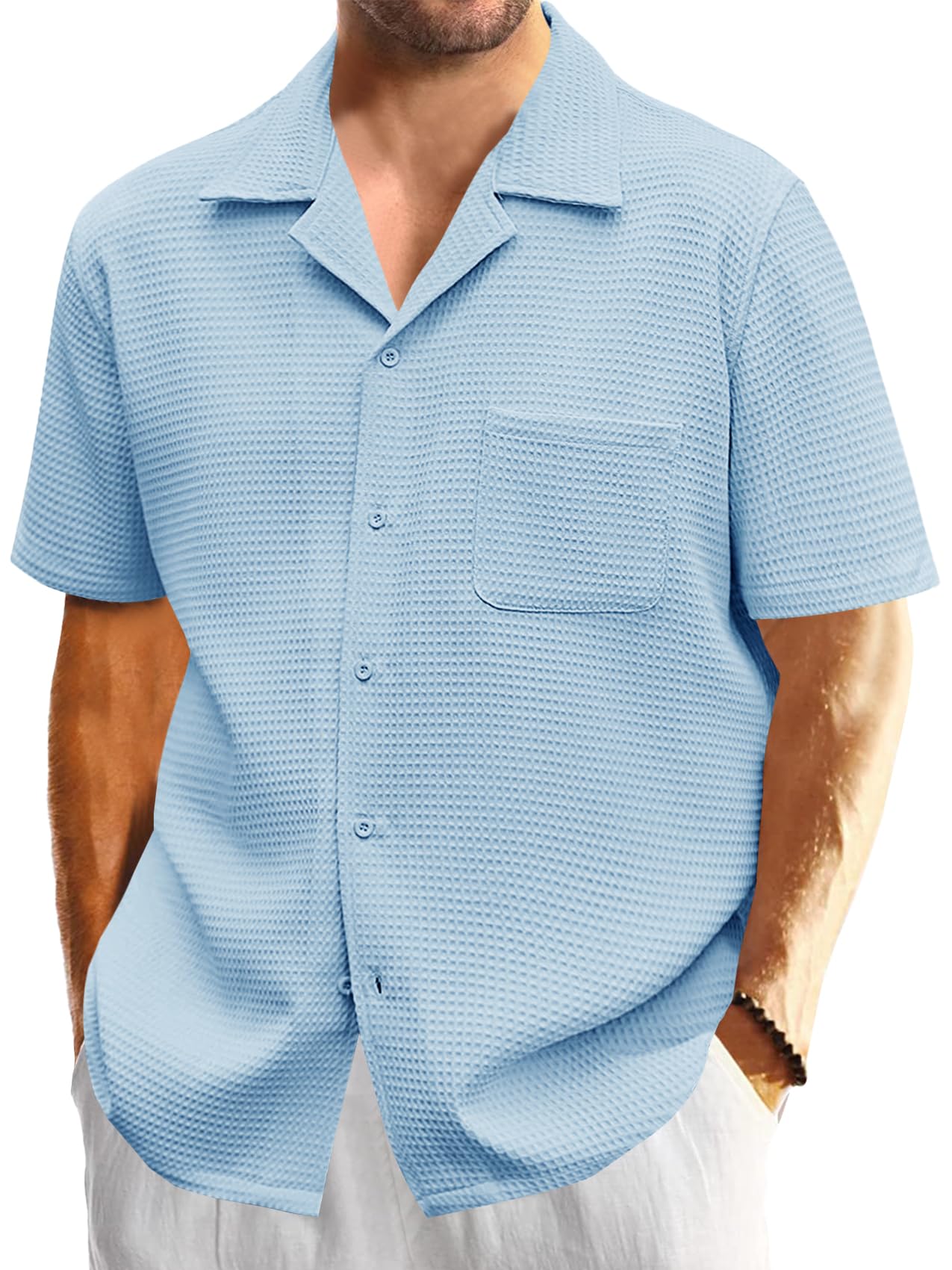 Men's Cuban Collar Waffle Basics Soft Comfort Everyday Casual Pocket Short Sleeve Shirt