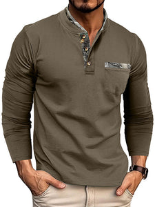 Men's Double Collar Patchwork Stand Collar Cotton Long Sleeve Henley Shirt