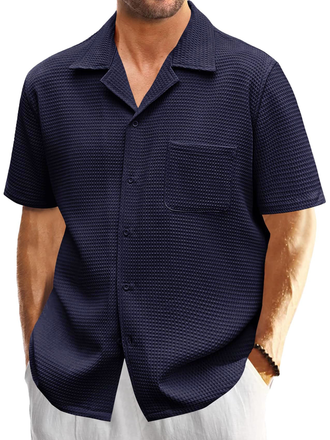 Men's Cuban Collar Waffle Basics Soft Comfort Everyday Casual Pocket Short Sleeve Shirt