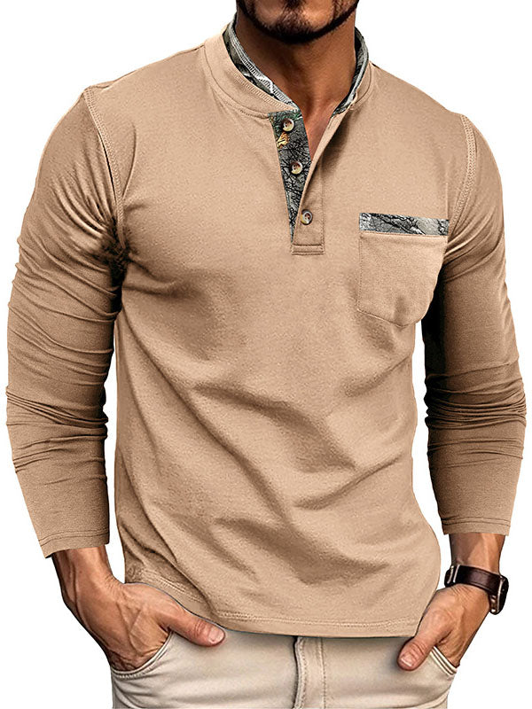 Men's Double Collar Patchwork Stand Collar Cotton Long Sleeve Henley Shirt