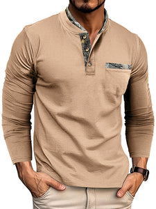 Men's Double Collar Patchwork Stand Collar Cotton Long Sleeve Henley Shirt