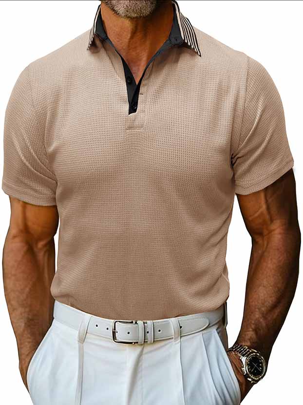 Men's Lapel Spliced Waffle Fabric Short Sleeve POLO Shirt