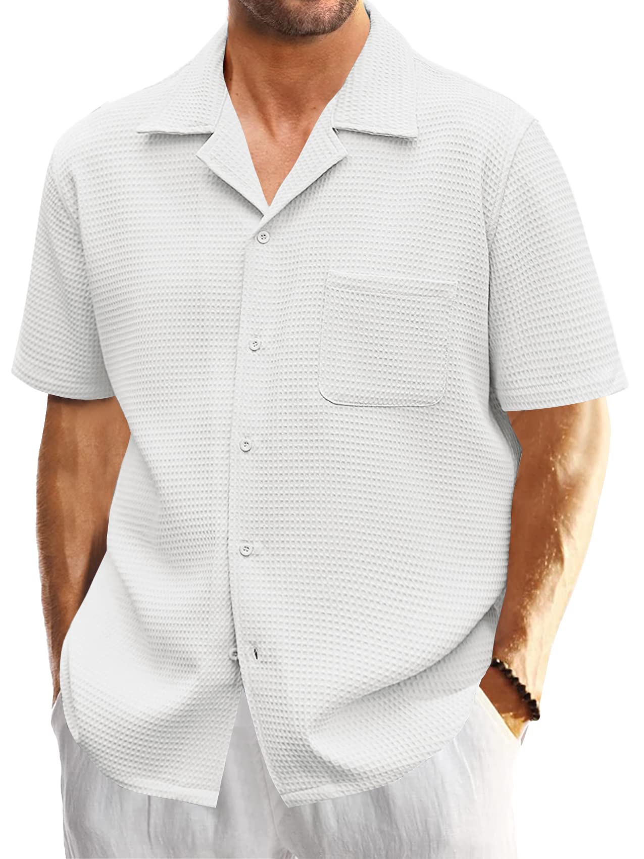 Men's Cuban Collar Waffle Basics Soft Comfort Everyday Casual Pocket Short Sleeve Shirt