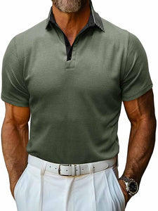 Men's Lapel Spliced Waffle Fabric Short Sleeve POLO Shirt