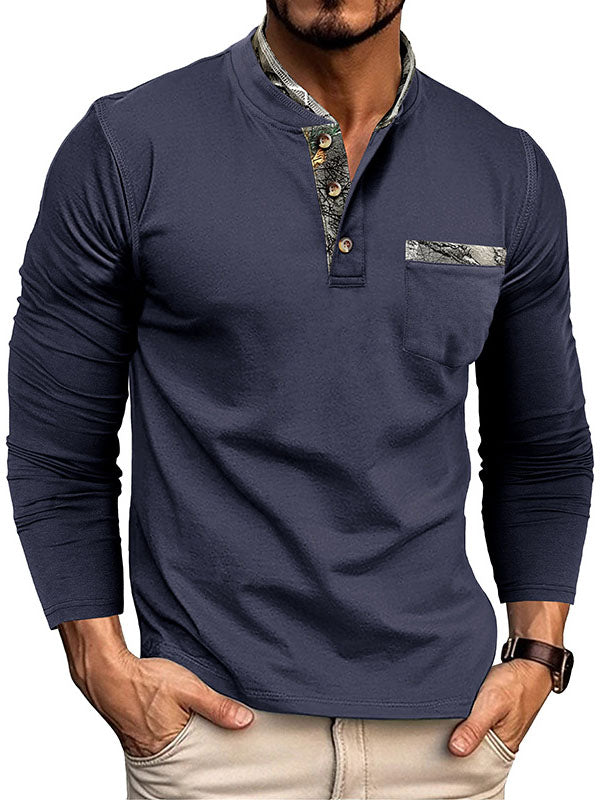 Men's Double Collar Patchwork Stand Collar Cotton Long Sleeve Henley Shirt