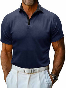 Men's Lapel Spliced Waffle Fabric Short Sleeve POLO Shirt