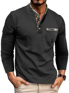 Men's Double Collar Patchwork Stand Collar Cotton Long Sleeve Henley Shirt