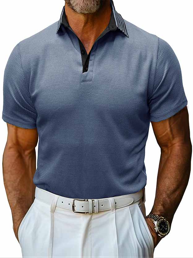 Men's Lapel Spliced Waffle Fabric Short Sleeve POLO Shirt