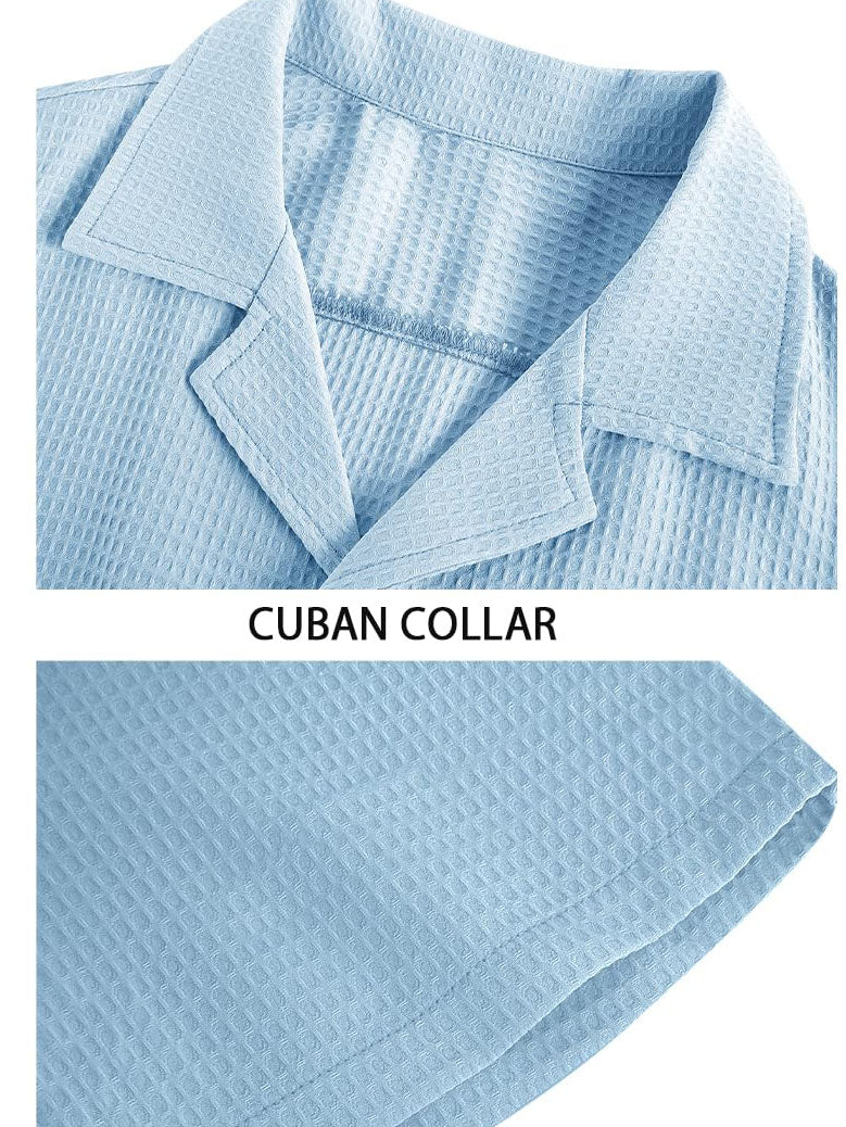 Men's Cuban Collar Waffle Basics Soft Comfort Everyday Casual Pocket Short Sleeve Shirt