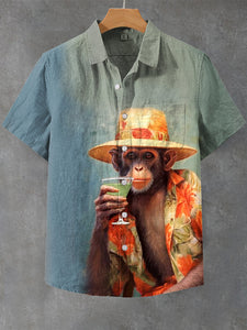 Men's Monkey Vacation Cocktail Oil Painting Print Linen Blend Shirt