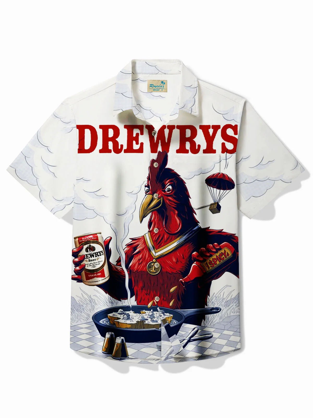 Drewrys Beer Retro BBQ Beer Rooster BBQ Beer Men's Button Pocket Short Sleeve Shirt