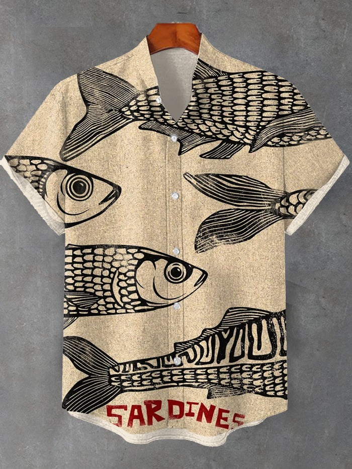 Men's Vintage Sardines Ukiyo-e Art Print Linen Blend Shirt