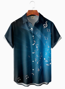 Music Notes Chest Pocket Short Sleeve Casual Shirt