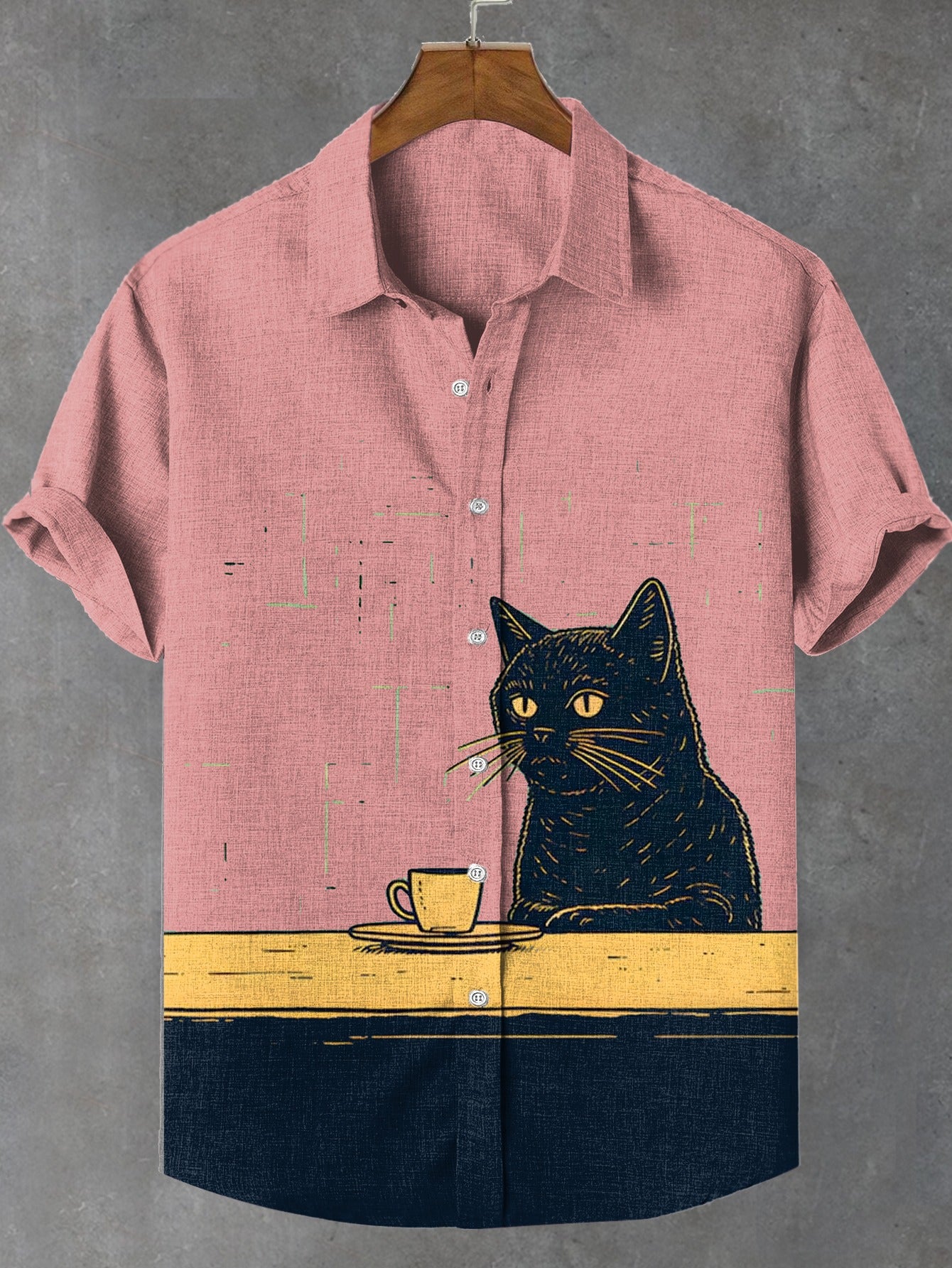 Men's Black Cat Chilling Coffee Art Linen Blend Shirt