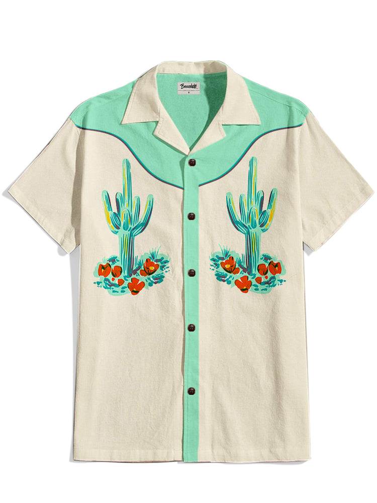 Western Cactus Cowboy - 100% Cotton Cuban Collar Shirt