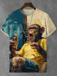 Men's Astonishing Drinking And Smoking Monkey Art Print T-Shirt