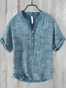 Men's Japanese Art Waves Cat Pattern Half Button Linen Blend Shirt