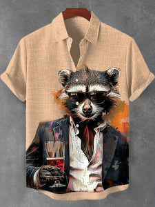 Men's Raccoon Gentleman Chilling Whiskey Oil Painting Linen Blend Shirt