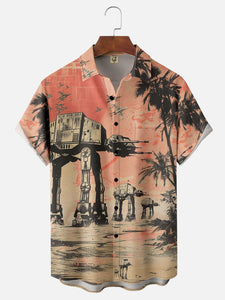 Moisture-wicking Star Robot Chest Pocket Hawaiian Shirt