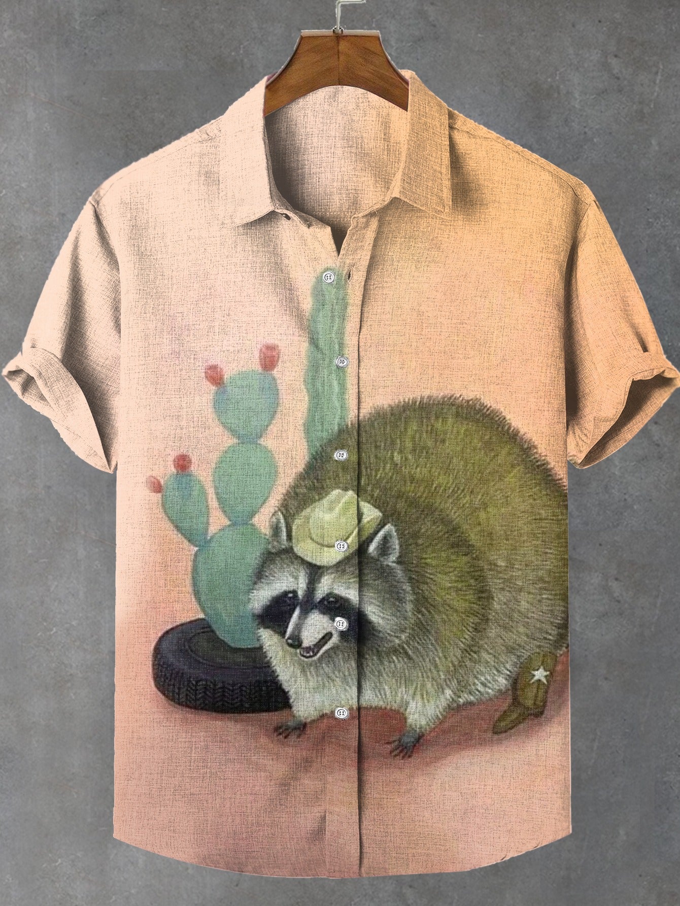 Men's Vintage Fun Cactus Screaming Raccoon Print Linen Blend Shirt