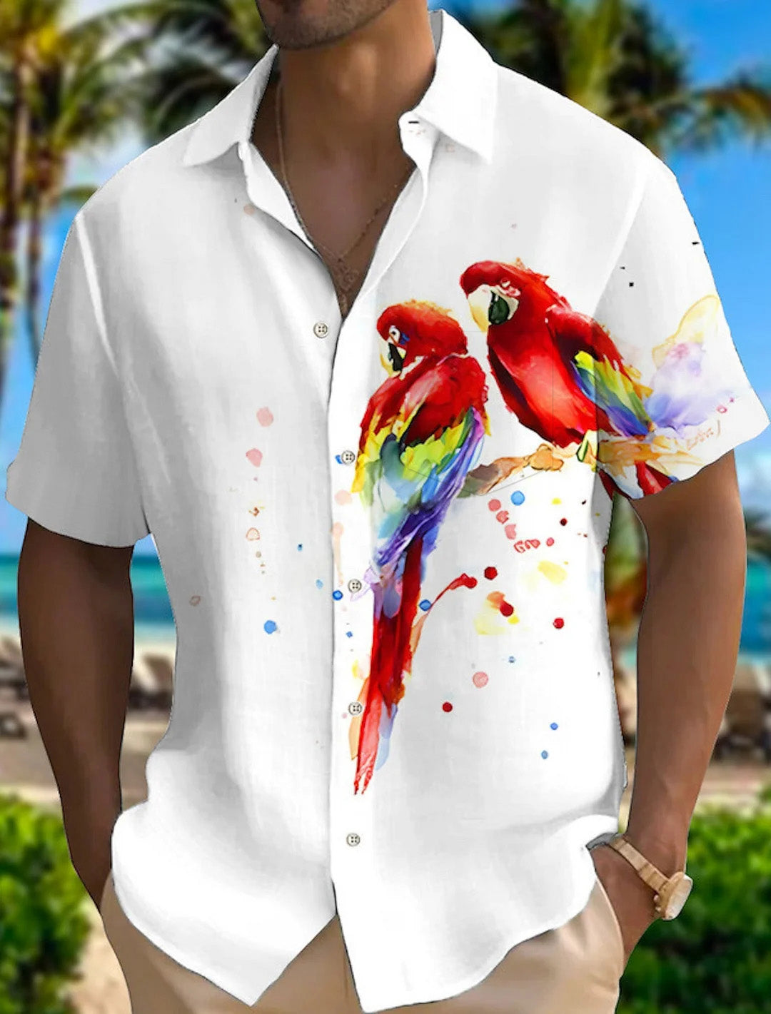 Hawaiian Couple Parrot Print Pocket Short Sleeve Shirt-Garamode