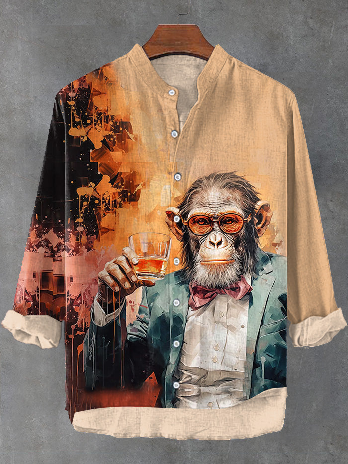 Men's Funny Monkey Gentleman Whiskey Oil Painting Print Long Sleeve Shirt