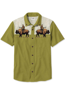 Cowboy Playing Guitar Riding A Bison - 100% Cotton Shirt