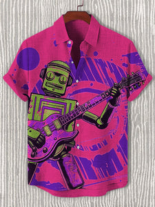 Men's Rock Robot Playing Guitar Print Casual Shirt