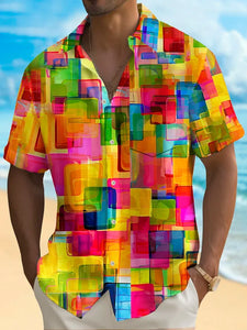 Holiday Men's Pride Month Rainbow Color Geometric Print Casual Breathable Short Sleeve Shirt Big Tall