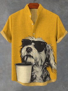 Men's Coffee Glasses Dog Print Cotton And Linen V Neck Shirt