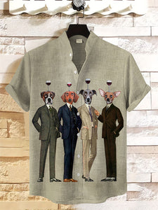 Men's Wine Gentlemen Dogs Print Linen Blend Shirt