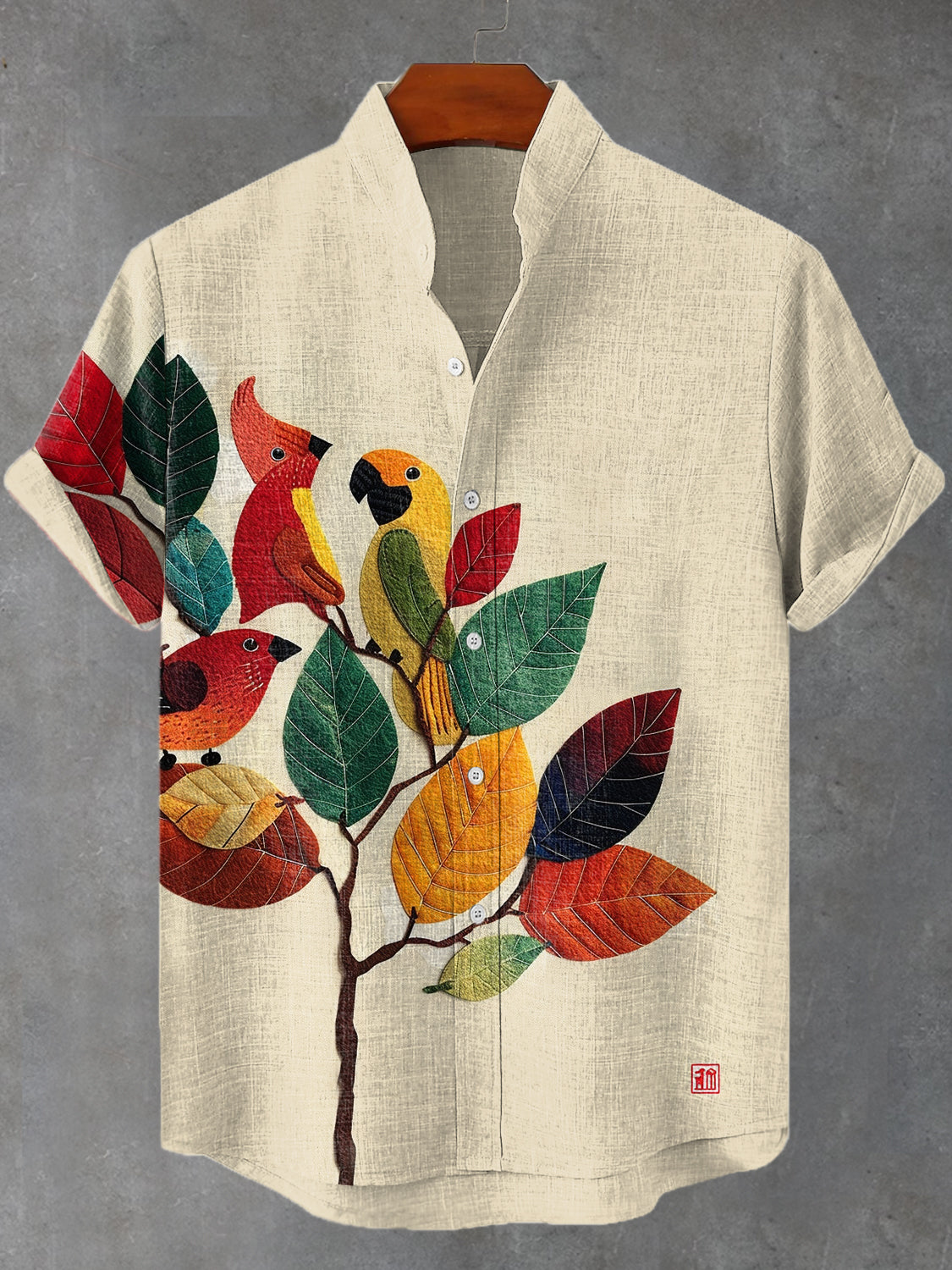 Men's Vintage Boho Bird Natural Felt Embroidery Print Linen Blend Shirt