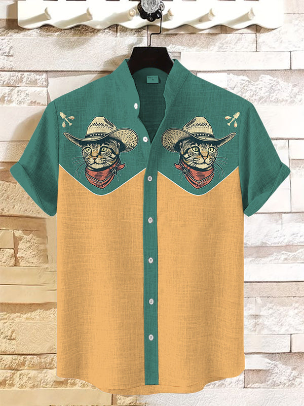 Men's Western Cowcat Art Print Casual Linen Blend Shirt