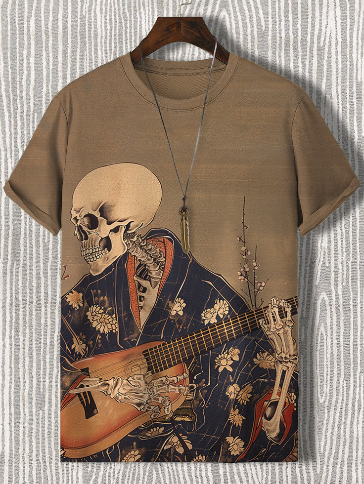 Men's Retro Japanese Art Painting Of Skull Playing Guitar Print Casual T-Shirt