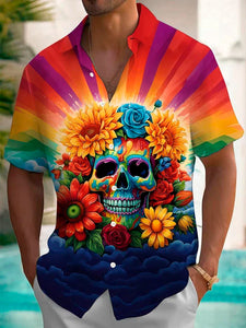 Halloween Skull Flower 3D Print Men's Button Pocket Short Sleeve Shirt Big & Tall