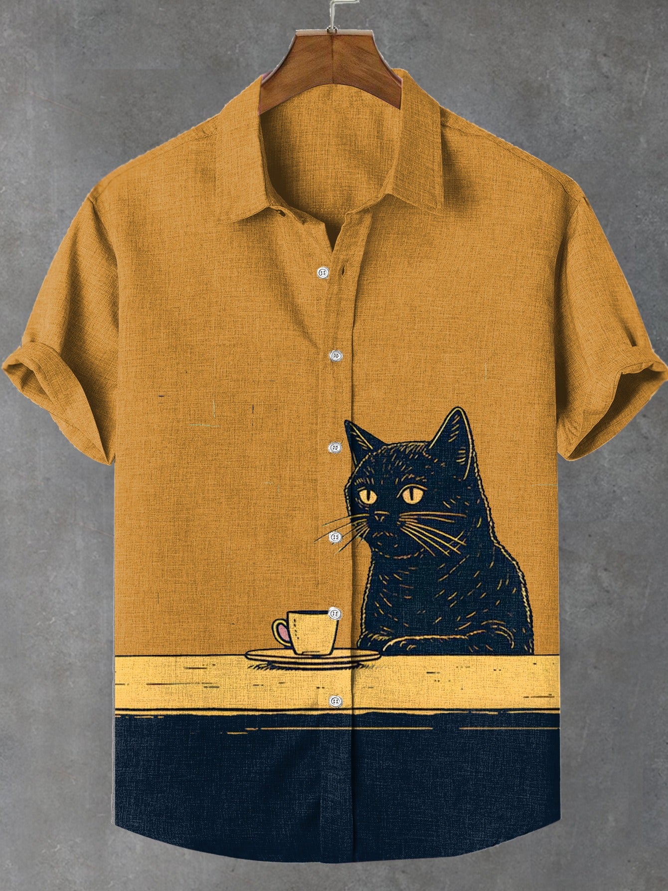 Men's Black Cat Chilling Coffee Art Linen Blend Shirt