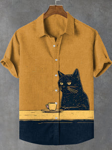 Men's Black Cat Chilling Coffee Art Linen Blend Shirt