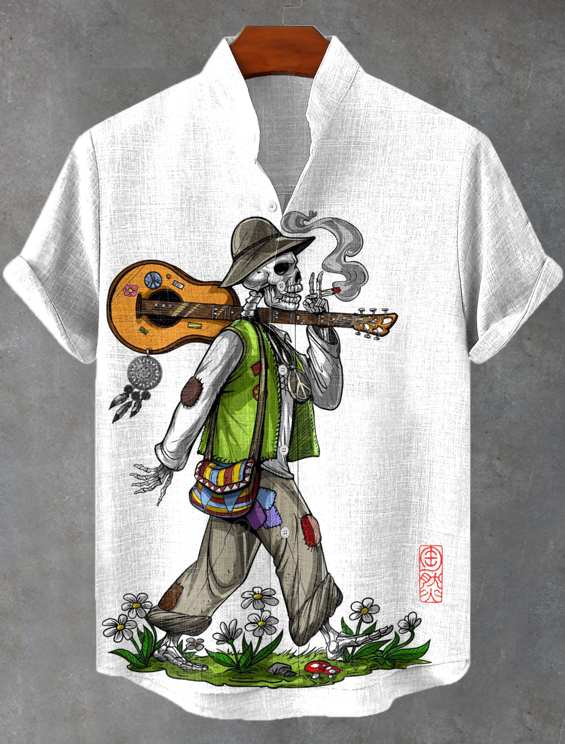 Men's Natural Psychedelic Guitar Skull Hippie Art Print Short Sleeve Shirt