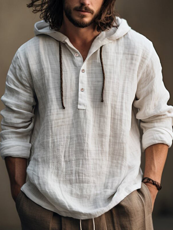 Men's Plain Cotton And Linen Casual Hooded Shirt