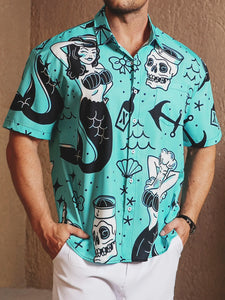 Mermaid Chest Pocket Short Sleeve Hawaiian Shirt