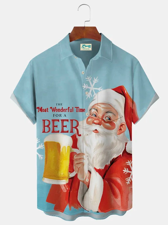 Christmas Santa Beer Print Men's Button Pocket Shirt