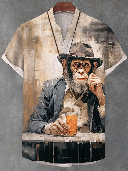 Men's Vintage Monkey Gentleman Drinking Oil Painting Print V Neck T-Shirt