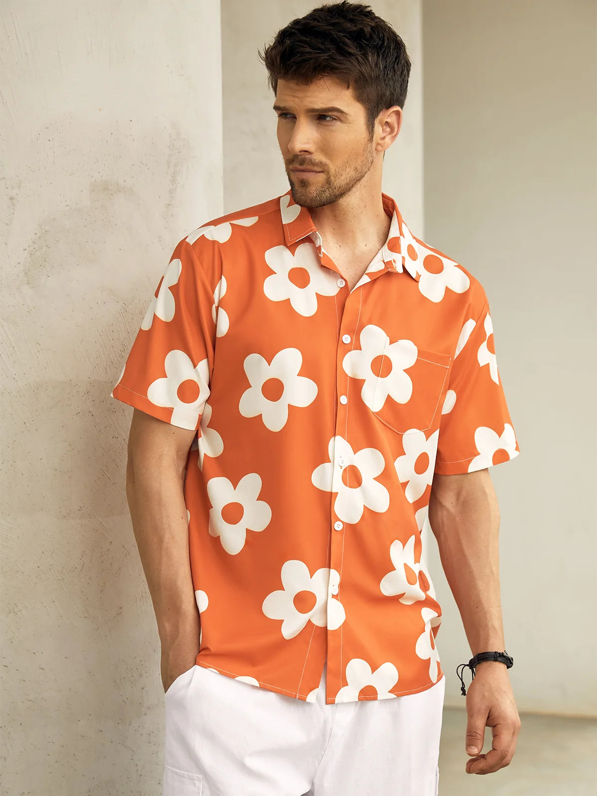 Floral Chest Pocket Short Sleeve Hawaiian Shirt