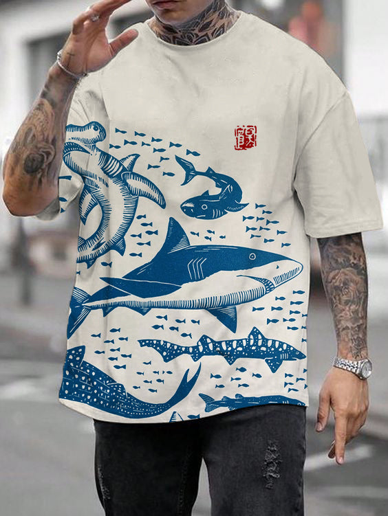 <Flash Sale⚡40% OFF> Men's Sharks Sea Japanese Lino Art Print Casual Short Sleeve T-Shirt