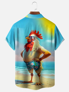 Moisture-wicking Ombre Beach Chicken Chest Pocket Hawaiian Shirt