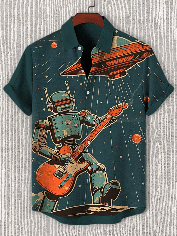 Men's Retro Space Geek Rock Music Robot UFO Print Casual Shirt